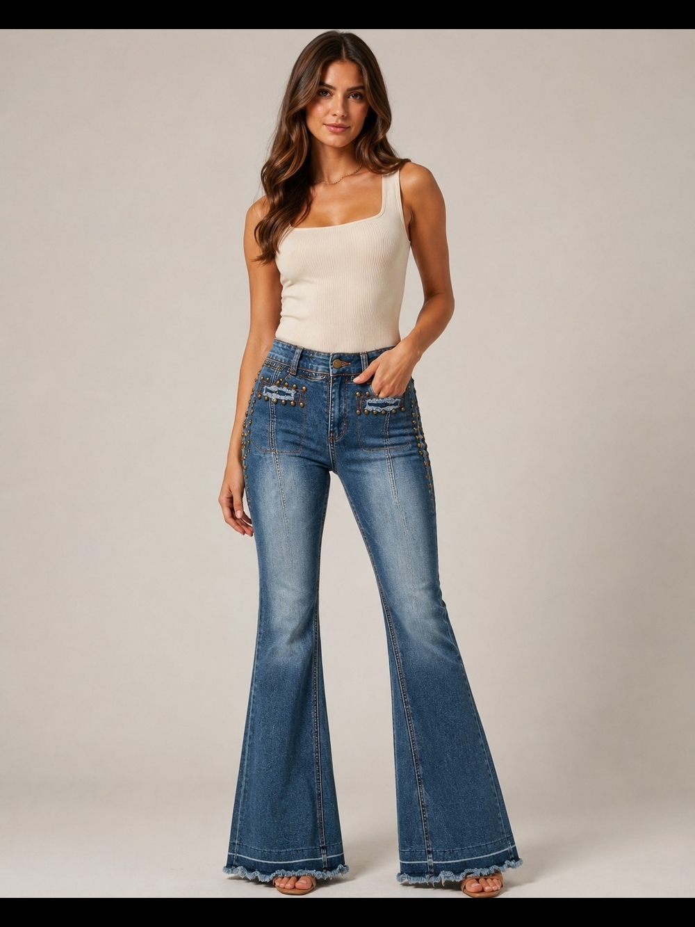 Luxe Moda Size 8 Studded Flare Jeans Y2K Patch Pocket Raw Hem Denim